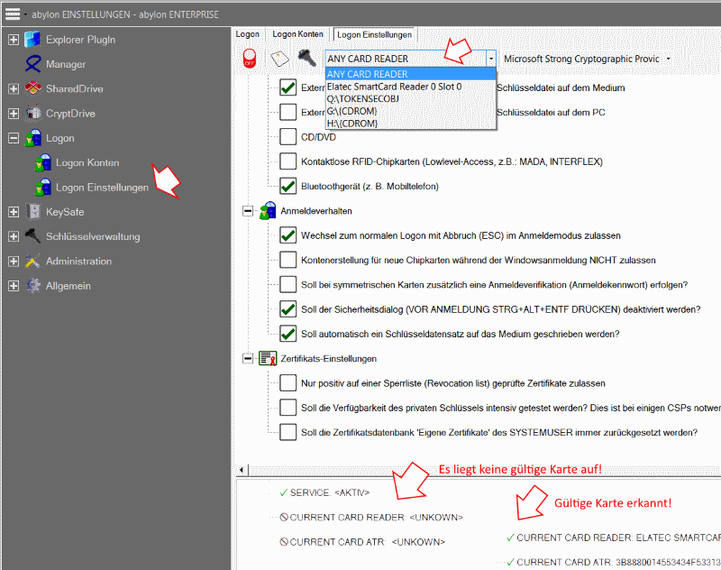 Dialog: Logon-Einstellungen-Kartenleser