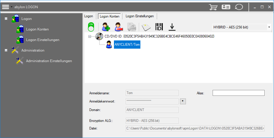 Screenshot: Einstellungsdialog mit Anzeige des Speicherort der Logon-Konten
