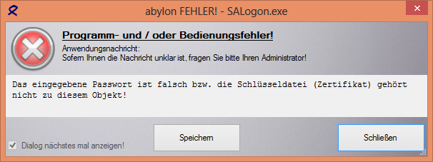 Screenshot: Falsches Passwort
