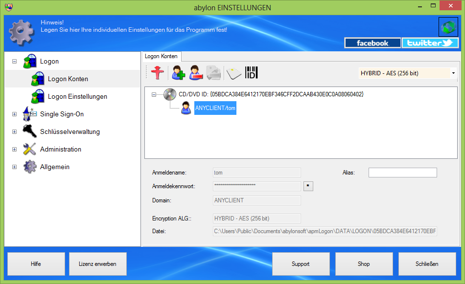 Screenshot: Einstellungsdialog - Logon Konten
