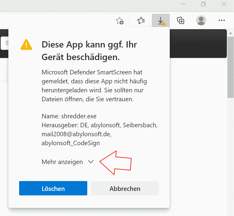 Bild zu Mehr anzeigen in der SmartScreen-Meldung klicken