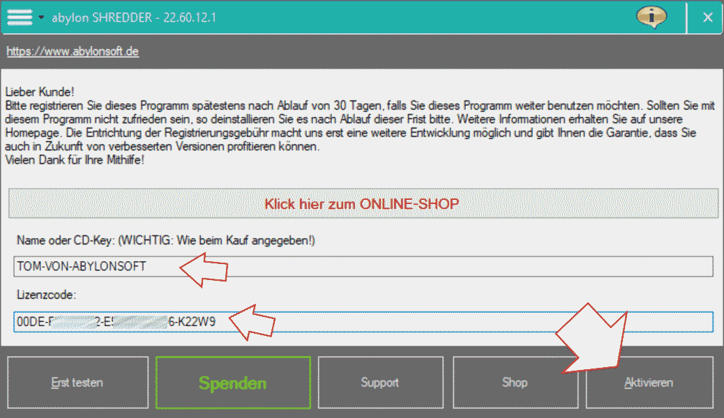 Software von abylonsoft freischalten