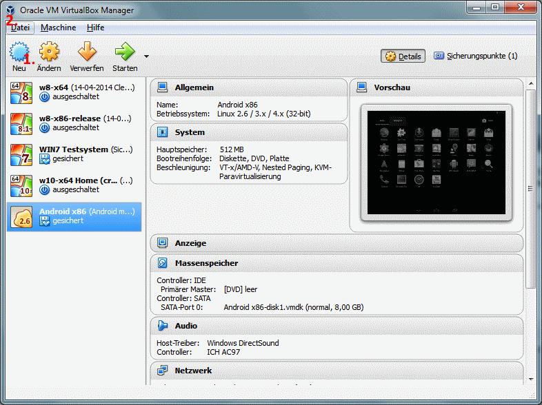 Bild zu Programmfenster von VirtualBox